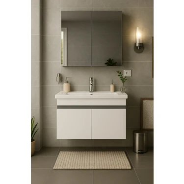 Dmz Home Concept Arista 80 cm Beyaz Renkli Mdf, Seramik Lavabolu, Alt ve Üst Dolaplı, Üst Dolap