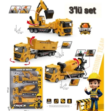 Berattoys 3lü Set Büyük Iş Makinaları Kırılmaz Iş Araçları 28 cm Sürtmeli Kamyon Kepçe