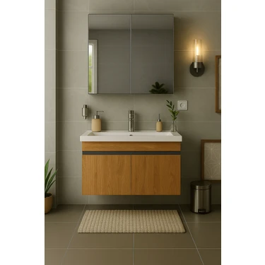 DMZ Home Concept Arista 80 cm Ahşap Renkli Mdf, Seramik Lavabolu, Alt ve Üst Dolaplı, Üst Dolap