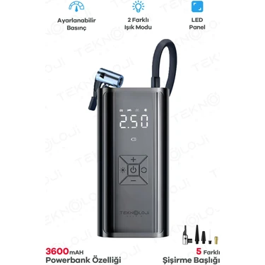 Oto Kompresör Şarjlı Taşınabilir Powerbank El Fenerli Araç Lastik Şişirme Pompası Flaşör