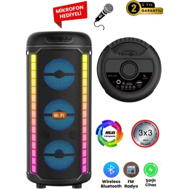 Bluetooth Hoparlör 3X3INÇ 40CM Stereo Effect Rgb Işık Parti Hoparlörü Speaker Karaoke Mikrofon