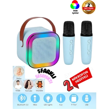 Teknoloji Gelsin Çift Karaoke Mikrofonlu Kablosuz Bluetooth Hoparlör 5 Ses Efektli Rgb Hd Stereo