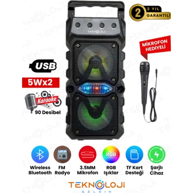 Teknoloji Gelsin Bluetooth Hoparlör Mikrofonlu Ses Bombası Speaker Müzik Çalar Rgb Işıklı Extra