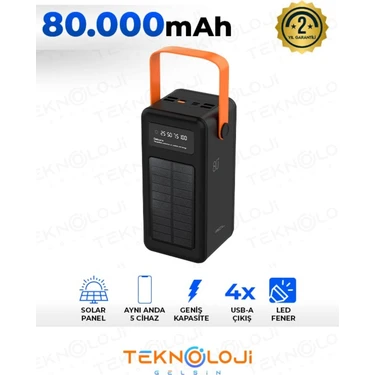 Güneş Enerjili Solar Powerbank 80.000 Mah Dijital Göstergeli El Fenerli 4 Çıkış Taşınabilir