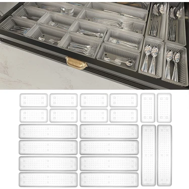 Meleni Home 20'li Modüler Set Kaşıklık Çekmece İçi Düzenleyici Şeffaf Plastik