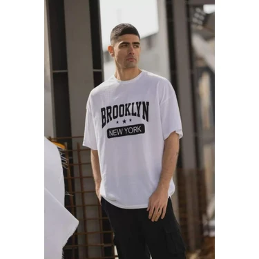 Unisex Bisiklet Yaka Baskılı Oversize