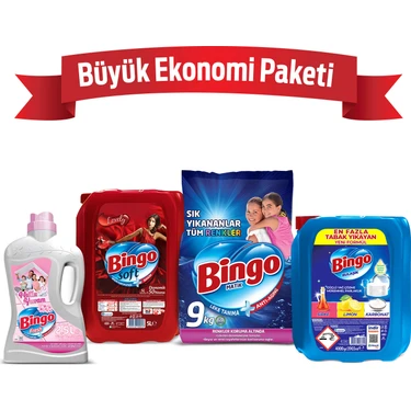 Bingo Büyük Ekonomi Paketi ; Çamaşır Yumuşatıcısı + Bulaşık Sıvısı + Yüzey Temizleyicisi Mutlu