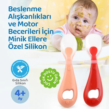 Guqqo Silikon Bebek Mama Kaşık Seti, Diş Kaşıyıcı, 2 Li Set, Kırmızı
