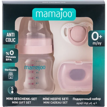 Mamajoo Yenidoğan Hediye Seti Powder Pink | Antikolik Biberon 150 ml ve Ortodontik Emzik & Saklama