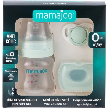Mamajoo Yenidoğan Hediye Seti Powder Green | Antikolik Biberon 150 ml ve Ortodontik Emzik & Saklama