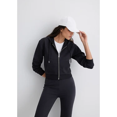 Mavi Kapüşonlu Siyah Interlok Sweatshirt