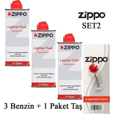 Zippo Çakmak İkmal Seti 3 Adet 125 ml Benzin ve 1 Paket Taş ile Uzun Süreli Kullanım