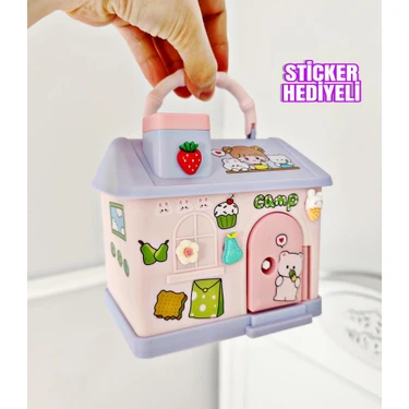 Pekibu Ev Tasarım Çocuk Kumbara Kilitli Pembe Renk (Sticker