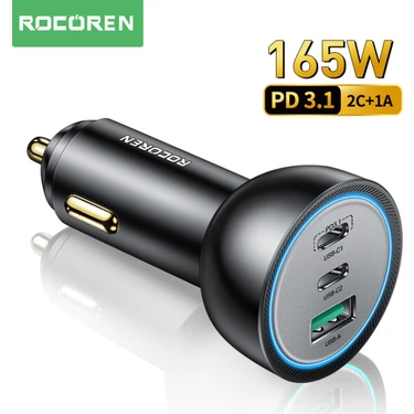 Rocoren 165W 3 Portlu Pd3.1 2*type-C ve Usb-A Araç Içi Hızlı Şarj Cihazı + 1 Metre 240W