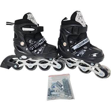 Brother Toys Çocuk Pateni Işıklı Numara Ayarlanabilen 2+2 ve 2+1+1 Teker Siyah Paten