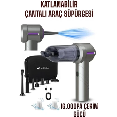 16.000PA Pro Şarjlı Katlanabilir Çantalı Yedek Filtreli 2ın1 Üfleme ve Çekmeli Araç Içi