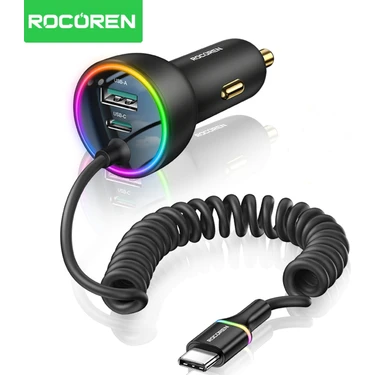 Rocoren 70W 3 Portlu 2*type-C 1*usb-A Spiral Kablolu LED Işıklı Araç Içi Hızlı Şarj