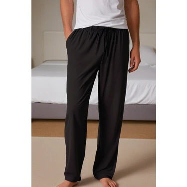elemge %100 Pamuk Süprem Erkek Pijama Altı Siyah Cepli Rahat Kalıp Relax Fit Lastikli Ipli