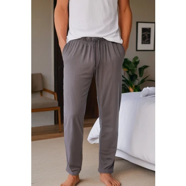elemge %100 Pamuk Süprem Erkek Pijama Altı Gri Cepli Rahat Kalıp Relax Fit Lastikli Ipli Terletmez