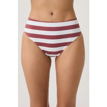 Los Ojos Bordo-Beyaz Çizgili Yüksek Bel Bikini Altı Sporty