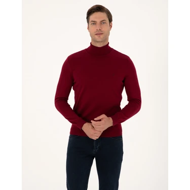 Pierre Cardin Erkek Vişne Slim Fit Balıkçı Yaka Basic Triko Kazak