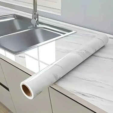 Capella Stores Beyaz Mermer Desenli Kaplama Kağıdı 5 Metre x 60 cm - Şık ve Pratik Çözüm Kendinden