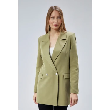 Bolivente Açık Haki Kadın Oversize Blazer Ceket Dokuma Malzeme ile Şık ve Rahat