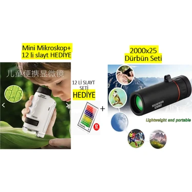 Elvinsa Çocuklar Için Eğitici 2 Li Set -Işıklı Mini Cep Boy Zoomlu El Mikroskop Seti + 2000X25 Mini
