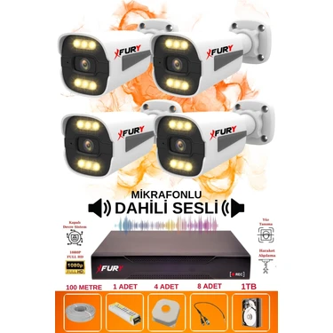 Fury 4 Lü Sesli 6 Warm LED Gece Renkli Görüş Su Geçirmez Güvenlik Kamerası Seti