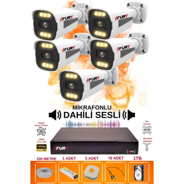 Fury 5 Li Sesli 6 Warm LED Gece Renkli Görüş Su Geçirmez Güvenlik Kamerası Seti