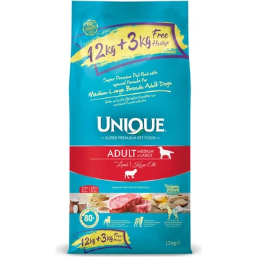 Unique Süper Premium Kuzu Etli Orta ve İri Irk Yetişkin Köpek Maması 12+3 kg Hipoalerjenik