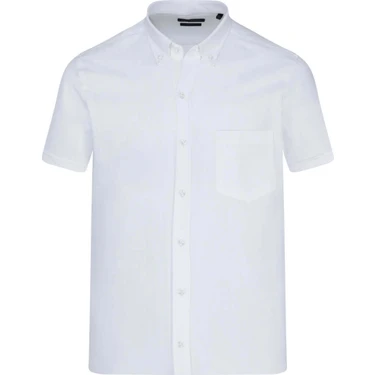 Beyaz Comfort Fit 100% Pamuk Düğmeli Yaka Kısa Kollu Casual