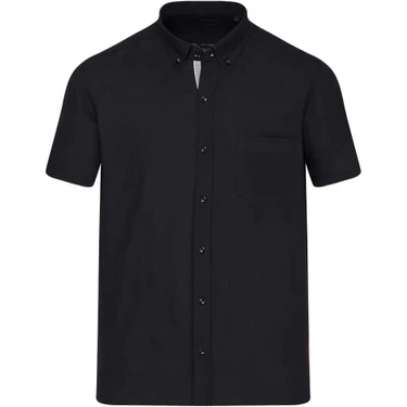 Siyah Comfort Fit 100% Pamuk Düğmeli Yaka Kısa Kollu Casual