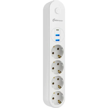Techmaster 4lü Priz Çocuk Korumalı 2 USB ve Type-C Girişi ile 2 m Beyaz