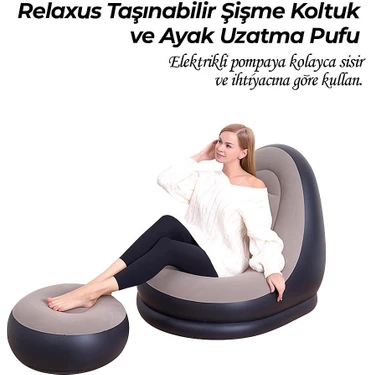 Relaxus Şişme Koltuk ve Ayak Uzatma Pufu – Ev, Kamp, Ofis Kullanımı Için, Pompa Hediyeli,