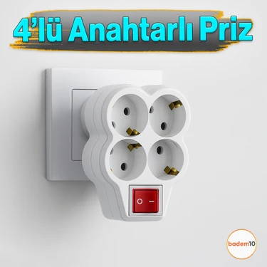 4'lü Beyaz Grup Priz Golyat Düğmeli Fiş Kablosuz Açma Kapamalı Anahtarlı Topraklı Çoklu