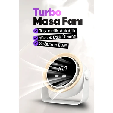 Şarjlı Turbo Masa Fanı Duvara Monte Edilebilir, Yüksek Üfleme Gücü, 5 Kademe Ayarlanabilir