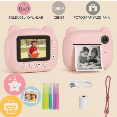 Serreha CMR14 Pembe Dijital Video Fotoğraf Çocuk Kamerası Anlık Termal Resim Kağıt Baskılı