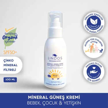 Lindos Naturals Organik Mineral Filtreli Güneş Kremi Non Nano Çinko SPF50+ Bebek, Çocuk ve