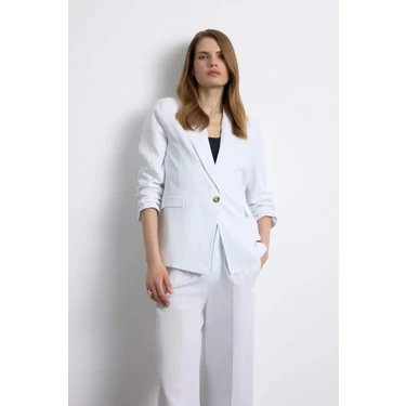 DeFacto Oversize Geniş Kalıp Keten Karışımlı Beyaz Blazer Ceket