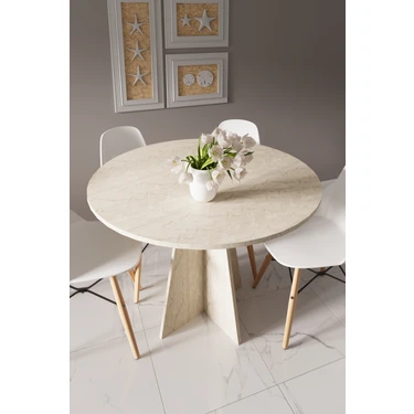 Modern Yuvarlak 100CM Yemek Masası-Mutfak Masası (Sandalyeler Temsilidir) Traverten