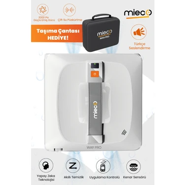 Mieco WA9 Pro Kumandalı Çift Yönlü Su Püskürtmeli Cam Temizleme Robotu 3000 Pa Emiş Gücü ile Akıllı