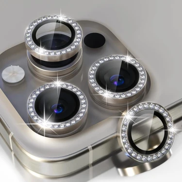 Fibaks Apple iPhone 15 Pro Max Taşlı Parlak Kamera Lens Koruyucu Cam ve Çerçeve Kamera Koruma