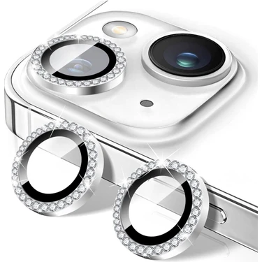 Fibaks Apple iPhone 13 Taşlı Parlak Kamera Lens Koruyucu Cam ve Çerçeve Kamera Koruma