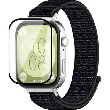 Fibaks Huawei Watch Fit 3 Uyumlu Tam Kaplayan Kavisli Siyah Çerçeveli Pet Saat Ekran