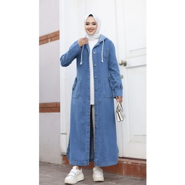 Kadın Cepli Düğmeli Kapüşonlu Denim Kot