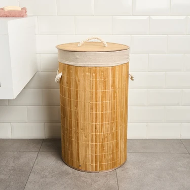 Simple Living Katlanır Yuvarlak Bambu Kirli Çamaşır Sepeti - Bej - 60