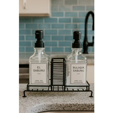 Makri Home Cam İkili Sıvı Sabunluk & Deterjanlık Seti 500 ml Siyah Metal Stantlı Modern