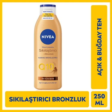 NIVEA Q10 Güneşsiz Bronzlaştırıcı Vücut Losyonu 250ml, Sıkılaştırıcı, 7 Günde Sıkı Bronz Cilt, Açık
