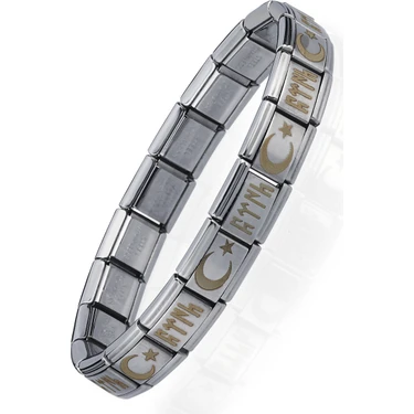 Ay Yıldızlı Göktürkçe Türk Italyan Charm Unisex Çelik Bileklik